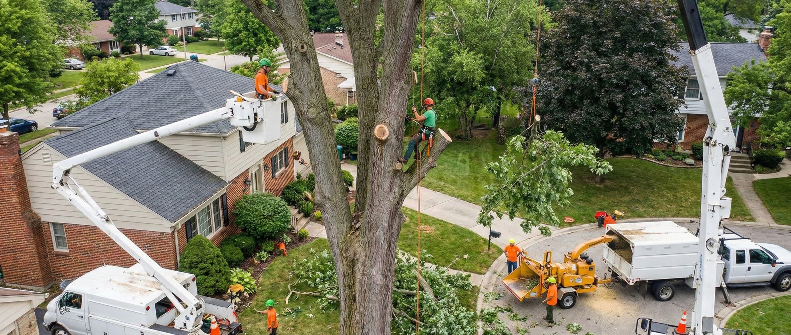 Large oak tree removal in Joplin MO using crane and rigging